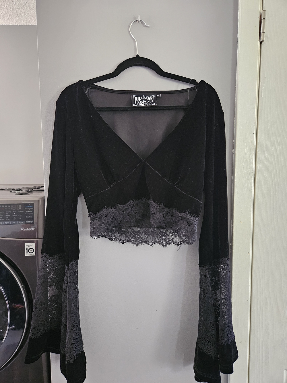 Killstar Black Velvet Lace-Trim Bell Sleeve Cropped V-Neck Top